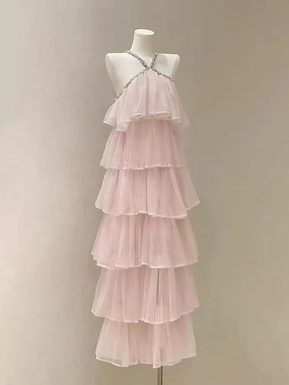 Rhinestone Strapless Cake Layered Ruffles Elegant Sweet Long Party Dress simple gentle atmospheric and unique desi Bring summer colors to enhance whiteness