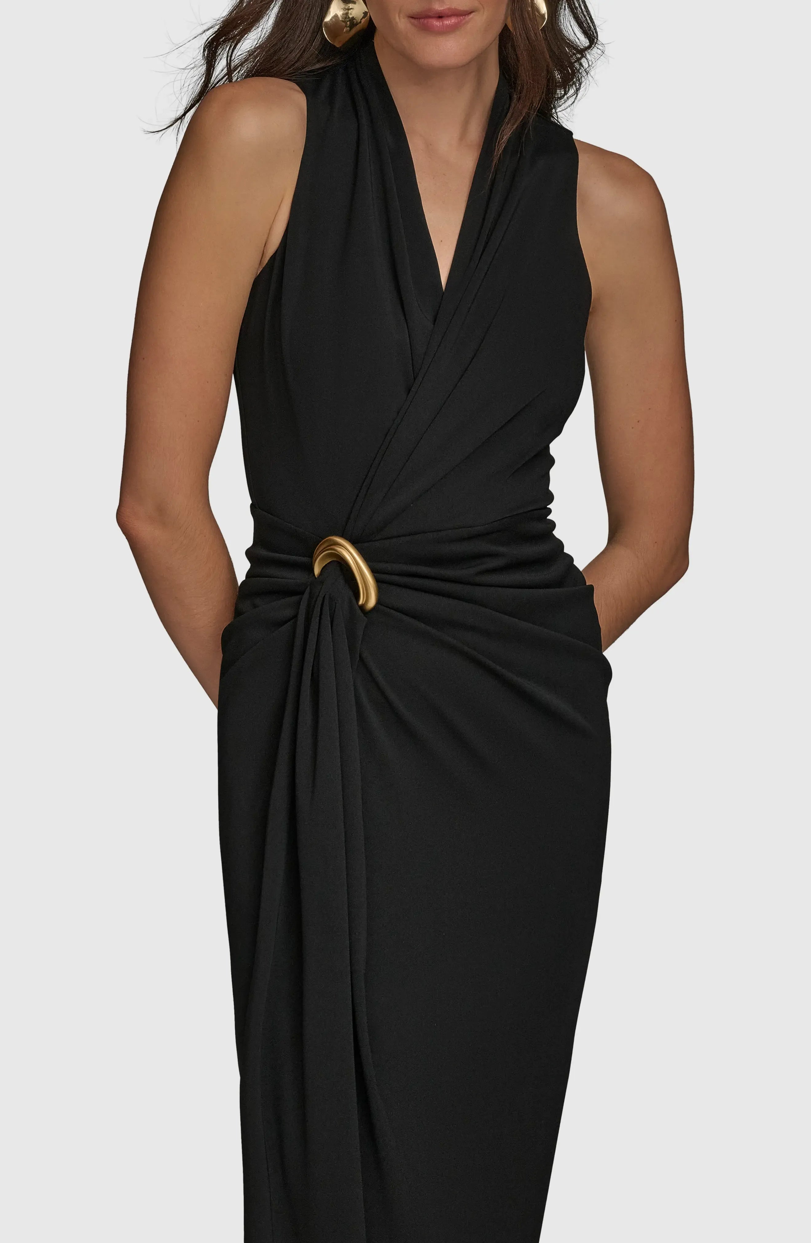 Ring Accented Sheath Wrap V Neck Sleeveless Zipper Back Midi Length For Sale Evening Dress