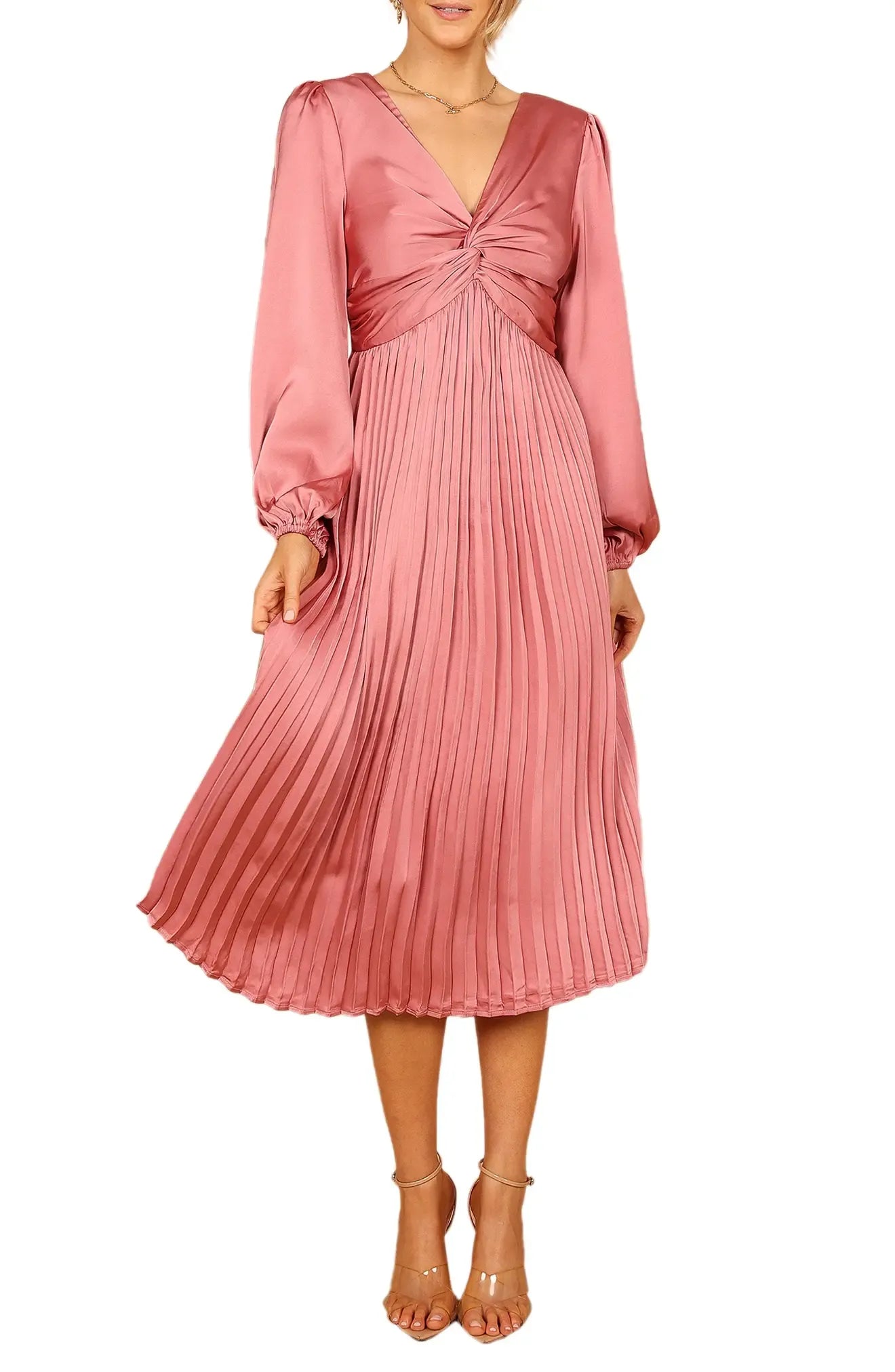 Romantic A Line Deep V Puff Sleeve Button Back Midi Evening Dress
