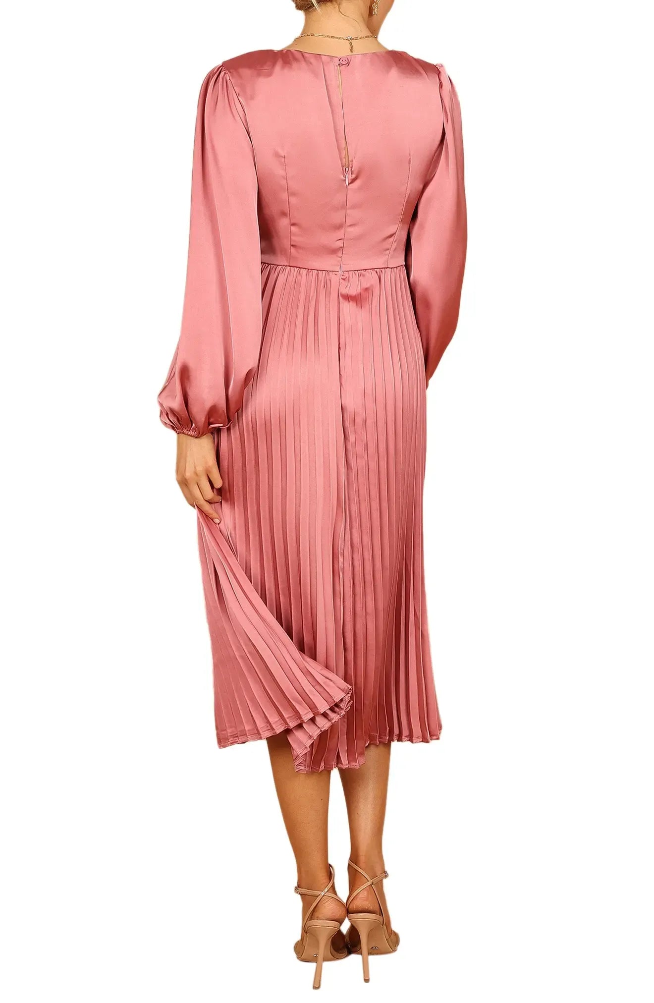 Romantic A Line Deep V Puff Sleeve Button Back Midi Evening Dress