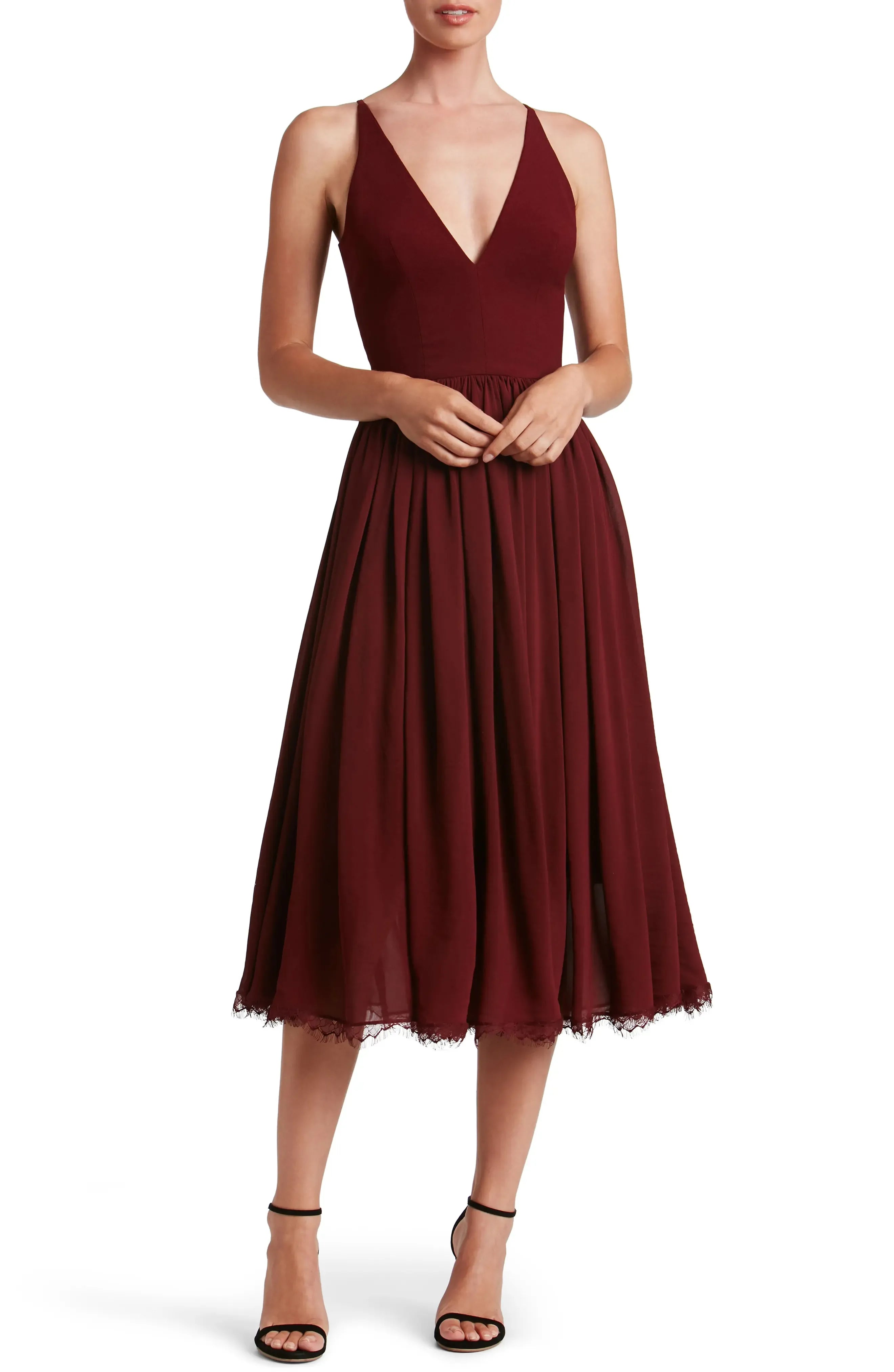 Romantic A Line Deep V Spaghetti Strap Zipper Back Midi Evening Dress