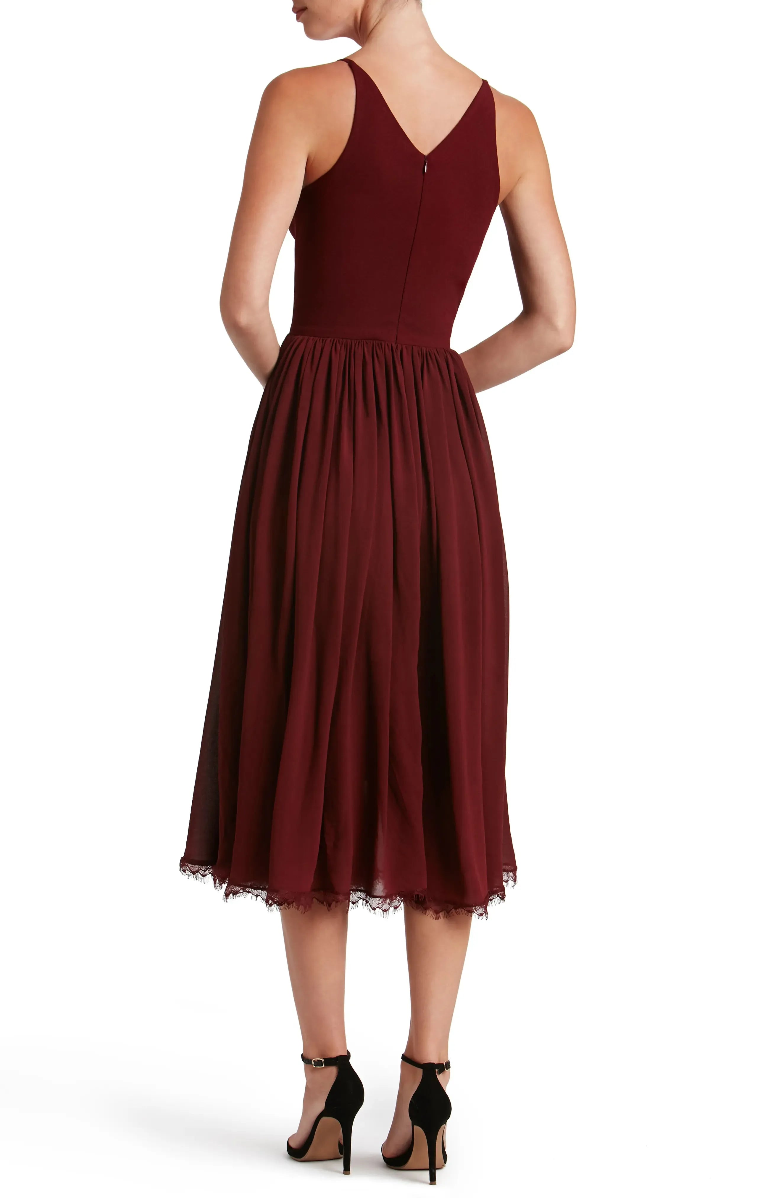 Romantic A Line Deep V Spaghetti Strap Zipper Back Midi Evening Dress