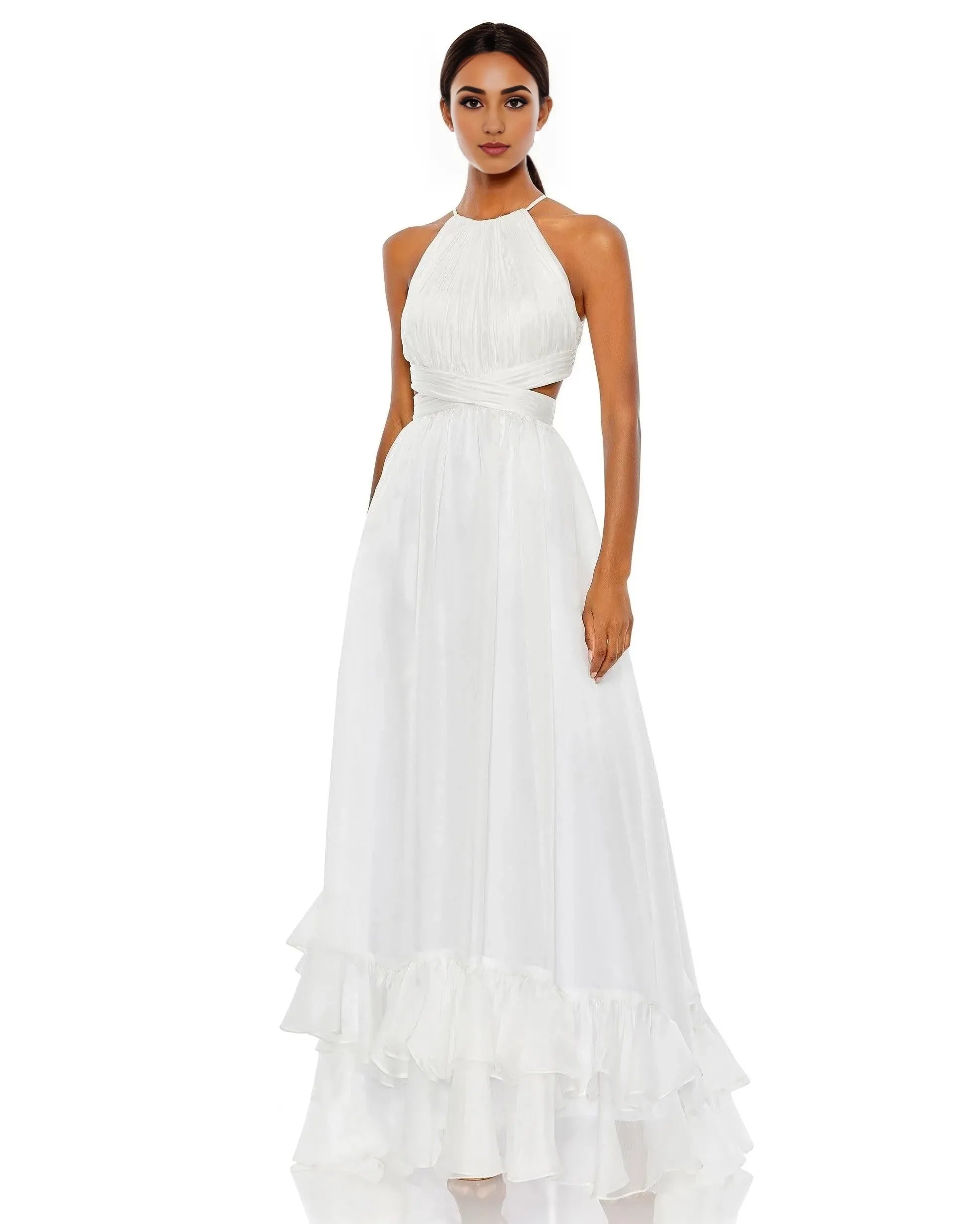 Romantic A-Line Halter Neck Sleeveless Cutout Back High Low Prom Dress