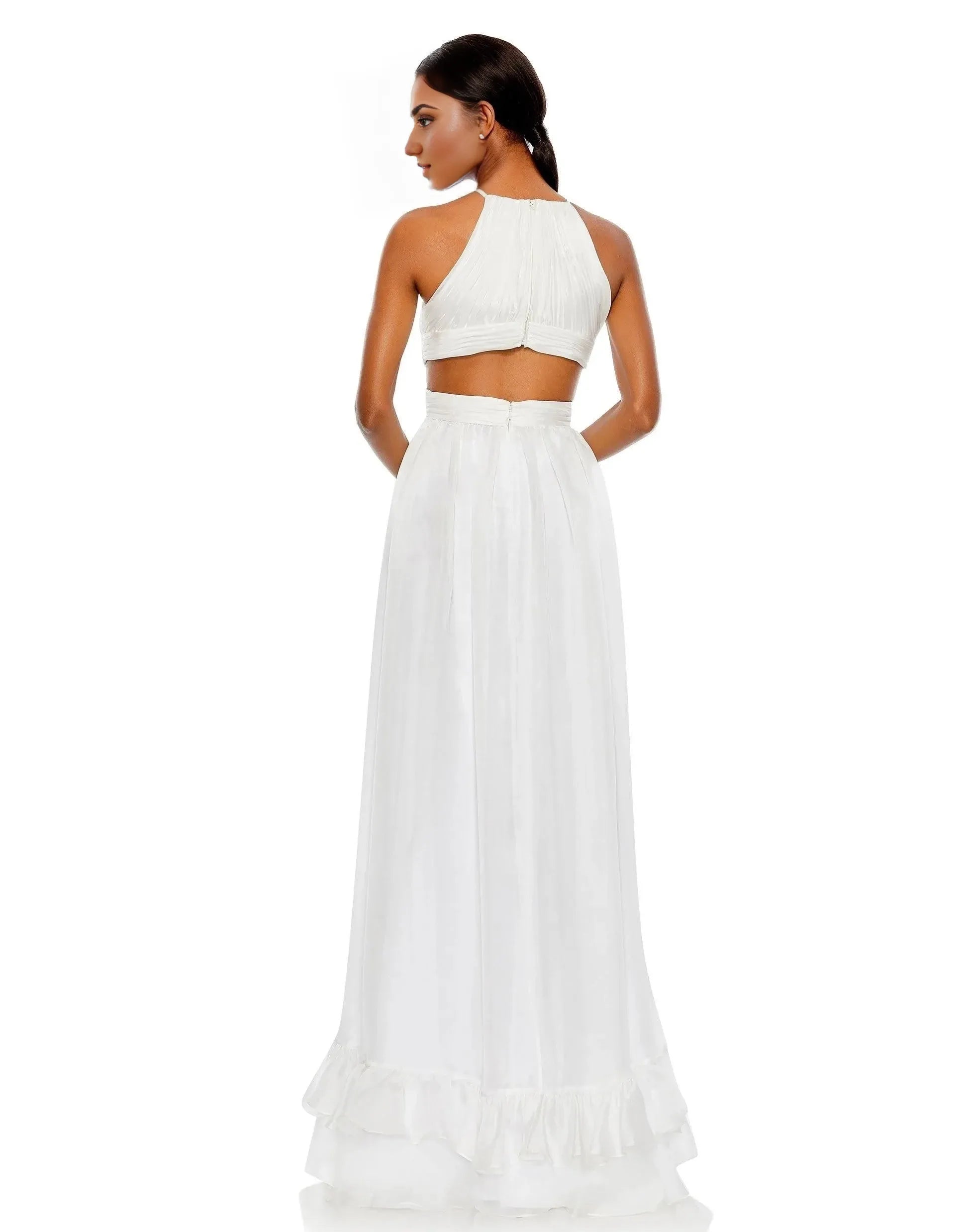 Romantic A-Line Halter Neck Sleeveless Cutout Back High Low Prom Dress