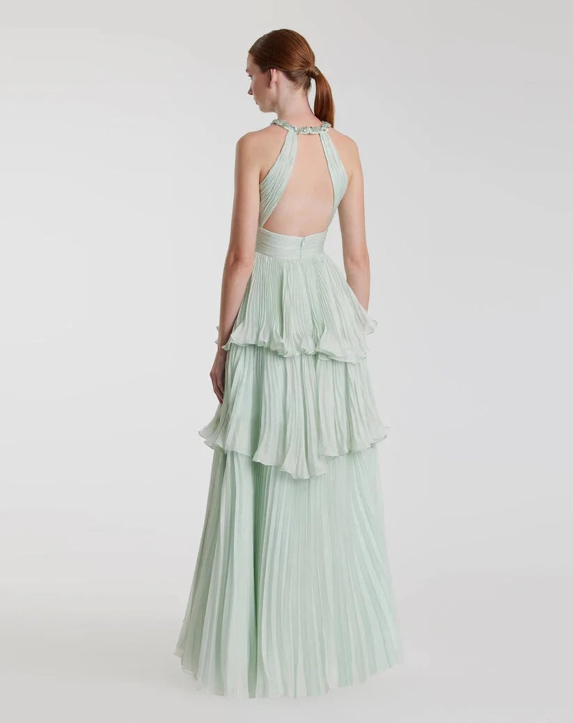 Romantic A-Line Halter Neck Sleeveless Open Back Tiered Floor Length Prom Dress