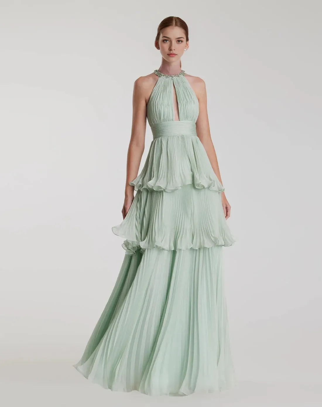 Romantic A-Line Halter Neck Sleeveless Open Back Tiered Floor Length Prom Dress