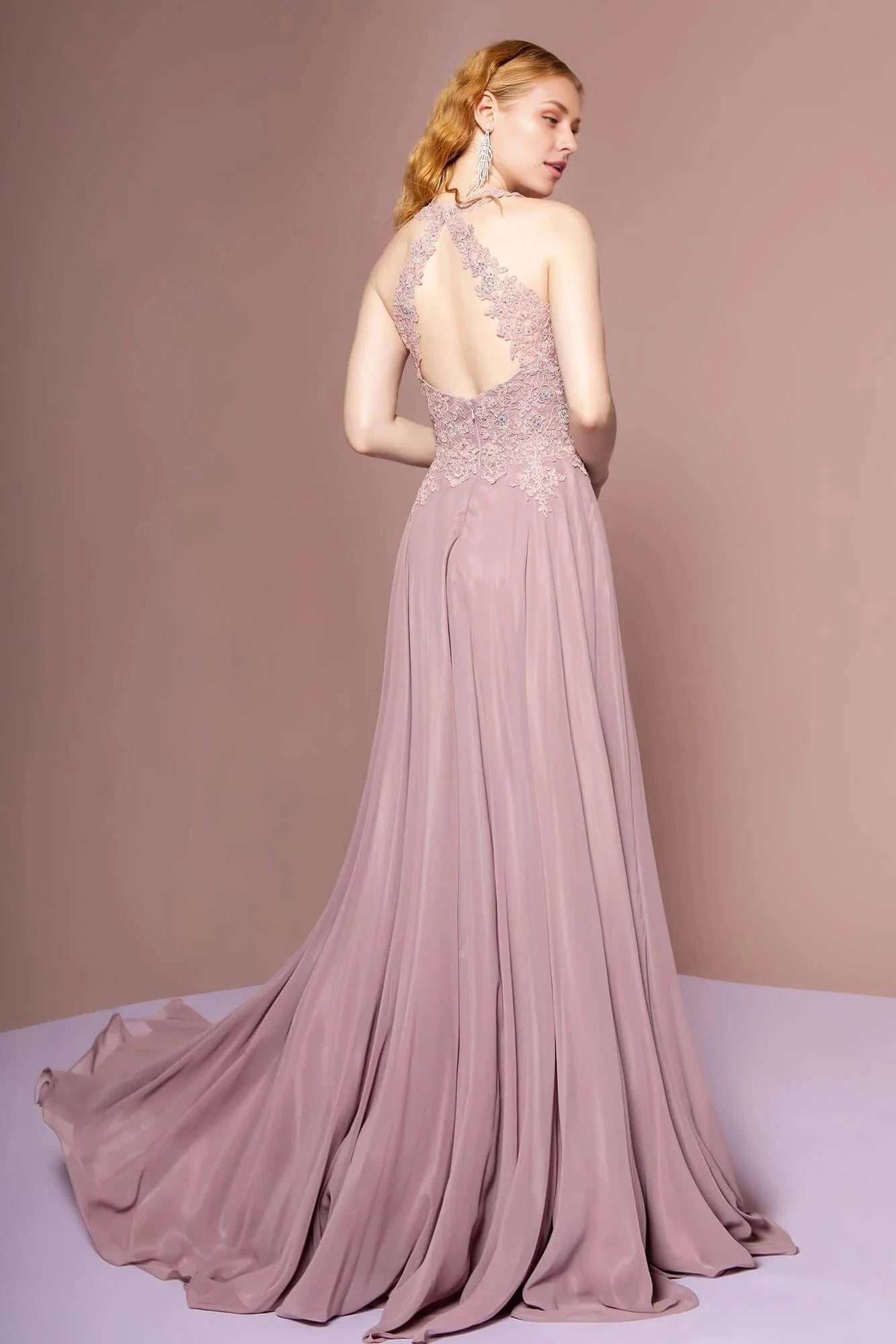 Romantic A-Line Halter Sleeveless Open Back Train Floor Length Prom Dress