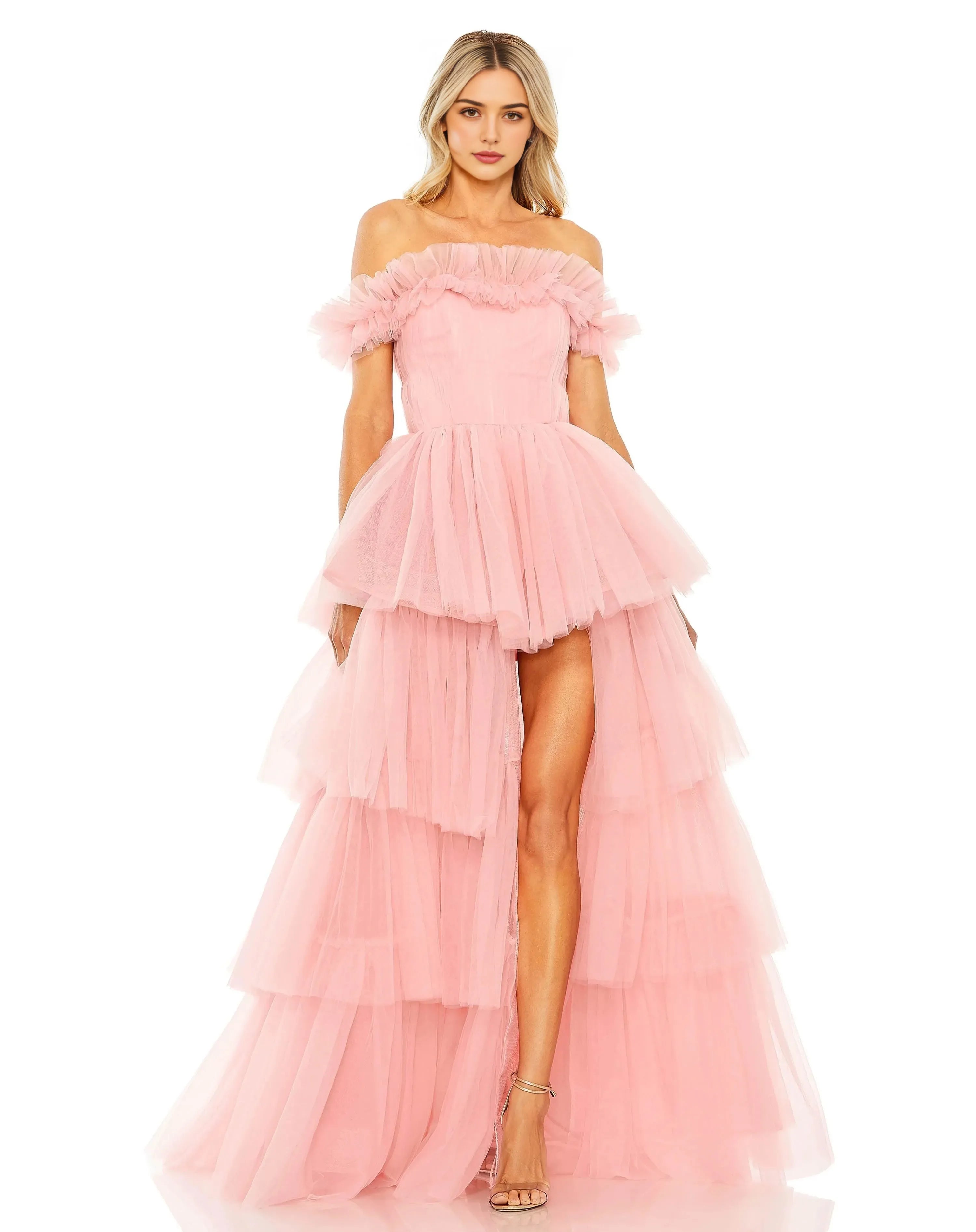 Romantic A-Line Off Shoulder Ruffle Sleeve Zipper Back High Low Prom Dress