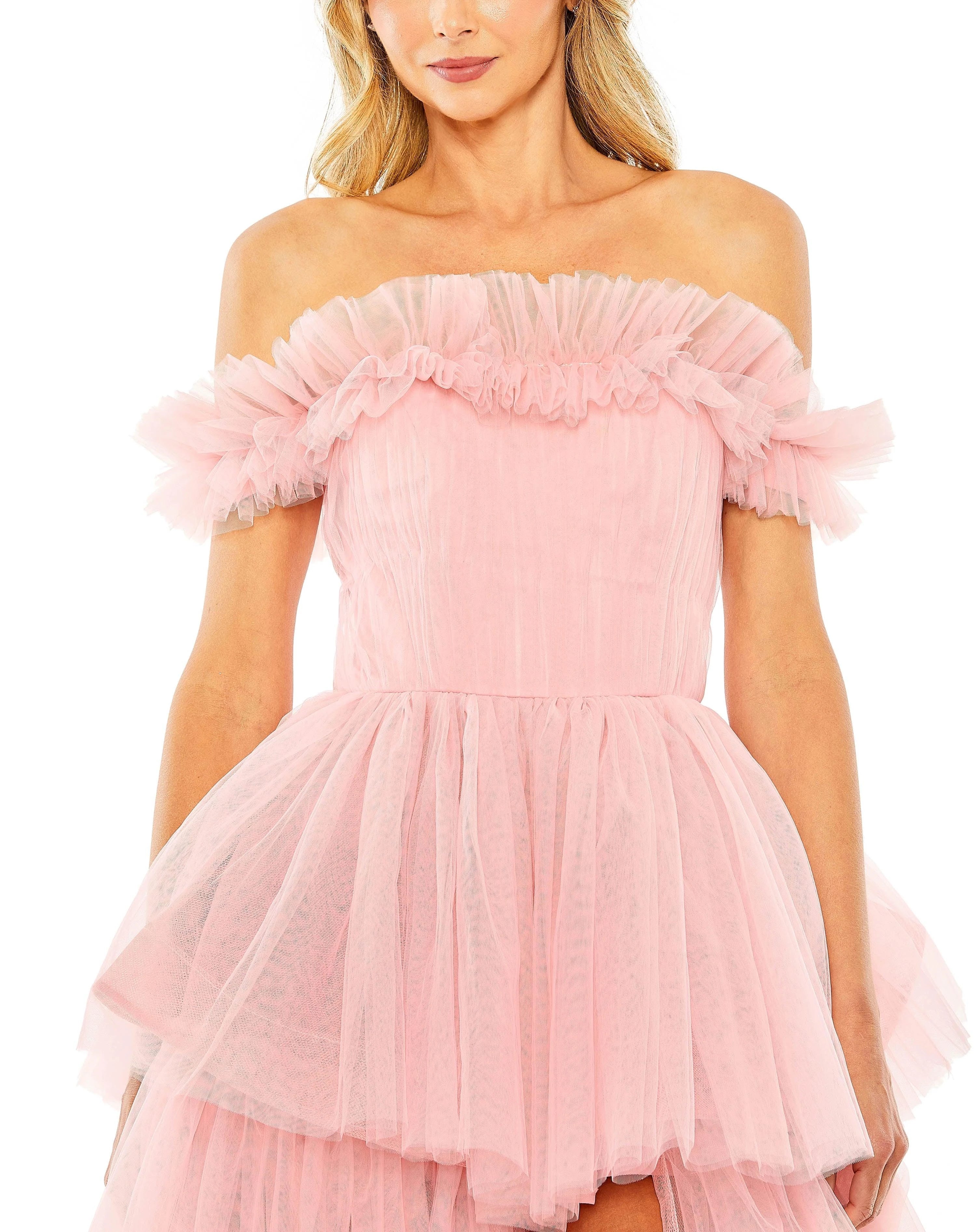 Romantic A-Line Off Shoulder Ruffle Sleeve Zipper Back High Low Prom Dress