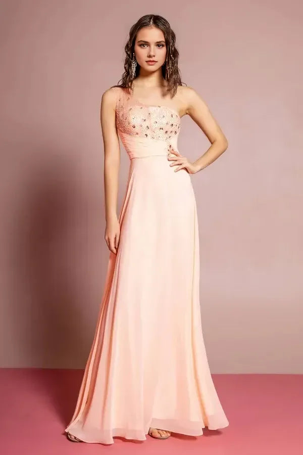 Romantic A-Line One-Shoulder Sleeveless Zipper-Back Floor-Length Beaded Prom Dress