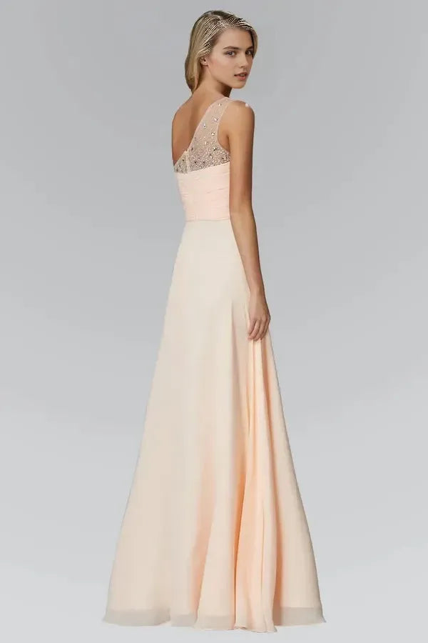 Romantic A-Line One-Shoulder Sleeveless Zipper-Back Floor-Length Beaded Prom Dress