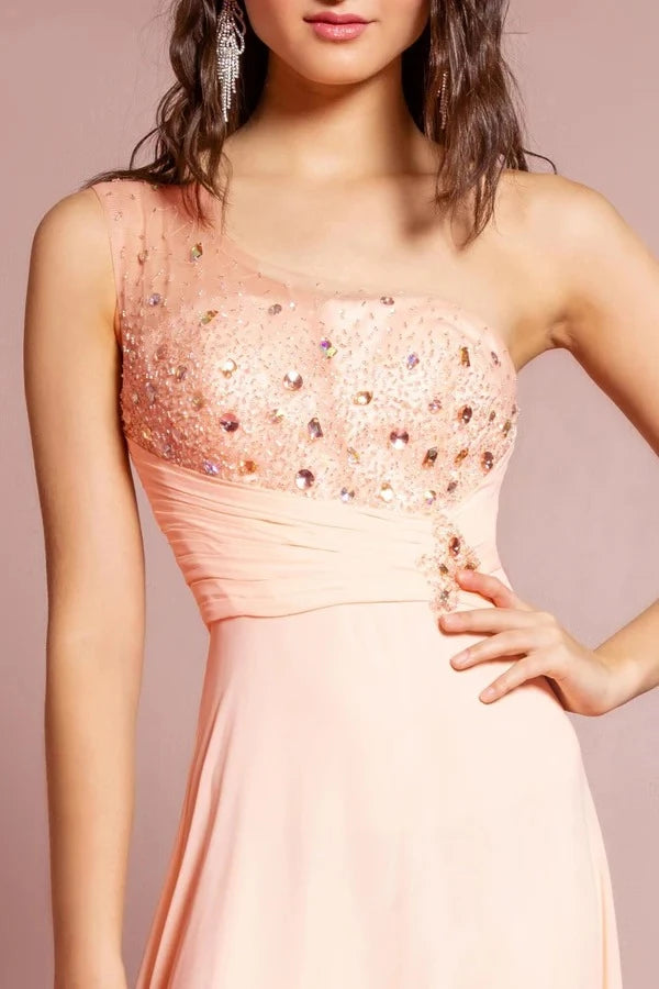 Romantic A-Line One-Shoulder Sleeveless Zipper-Back Floor-Length Beaded Prom Dress