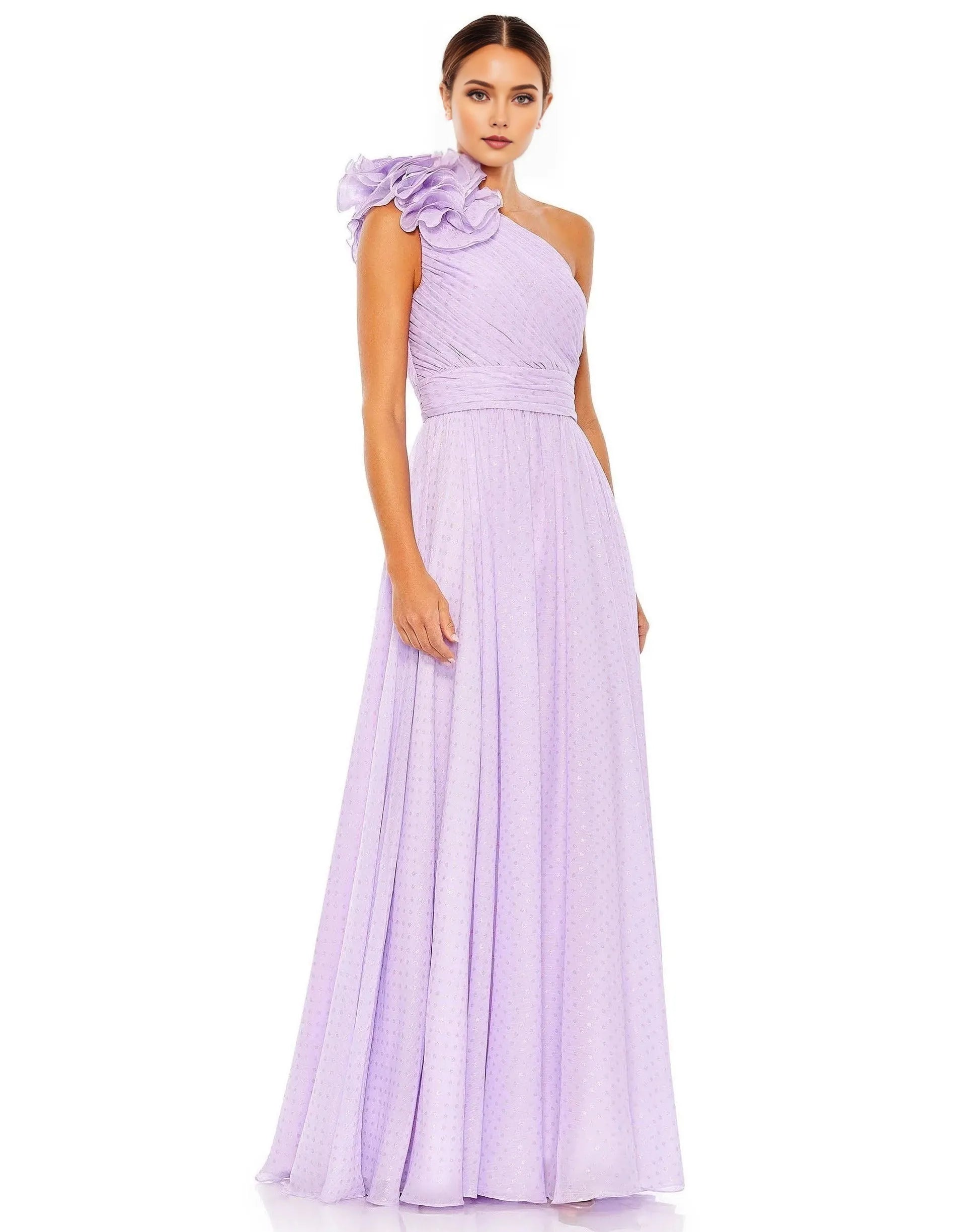 Romantic A-Line One-Shoulder Sleeveless Zipper-Back Floor-Length Ruffled Prom Dress