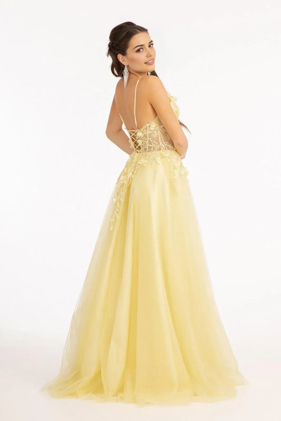 Romantic A-Line Plunging V Neck Spaghetti Strap Lace Up Back Floor Length Prom Dress