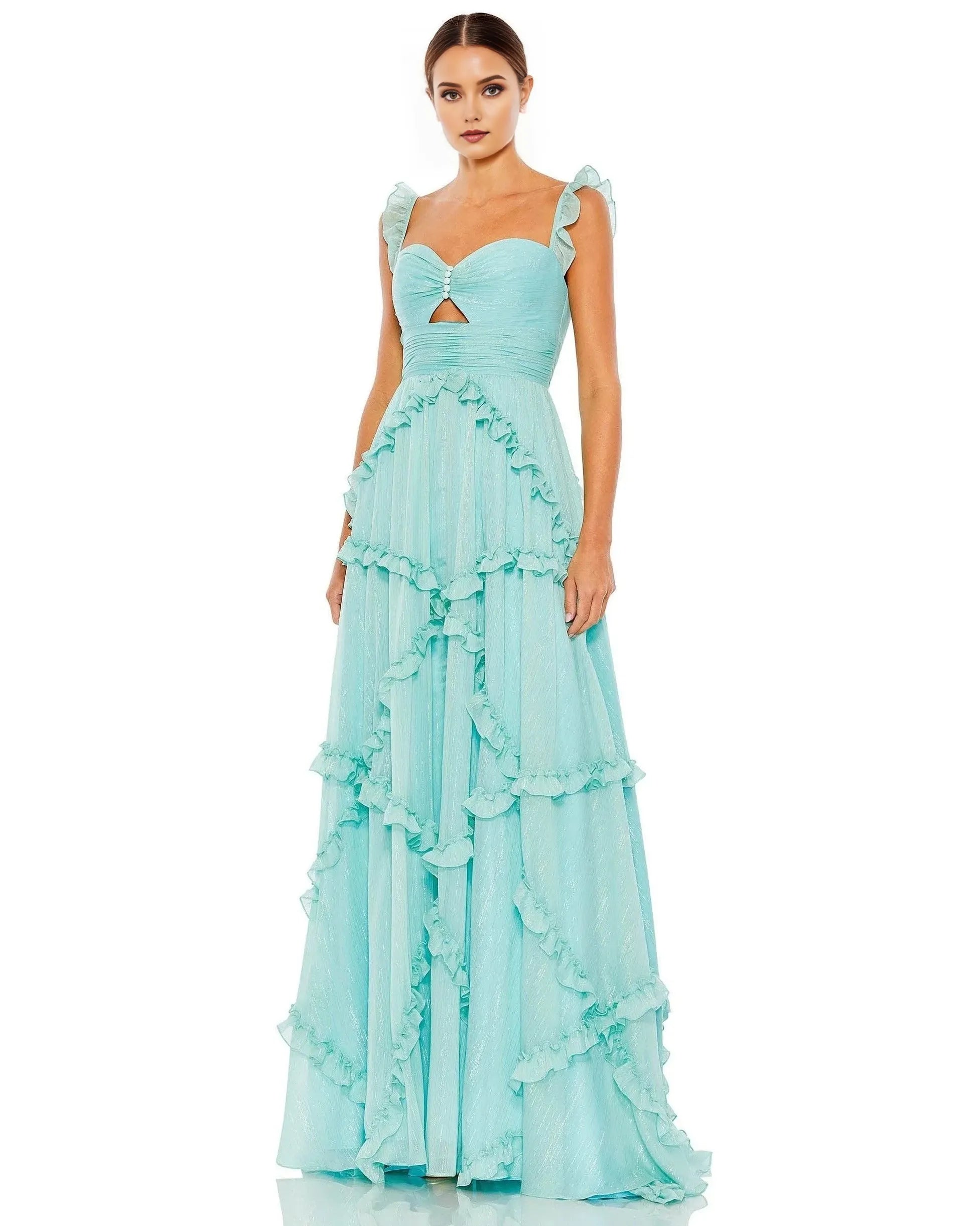 Romantic A-Line Sweetheart Ruffled-Strap Open-Back Floor-Length Ruffled Prom Dress