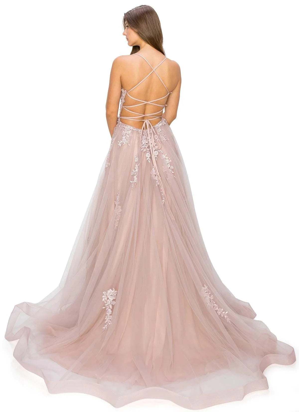 Romantic A-Line Sweetheart Spaghetti Strap Lace Up Back Train Floor Length Prom Dress