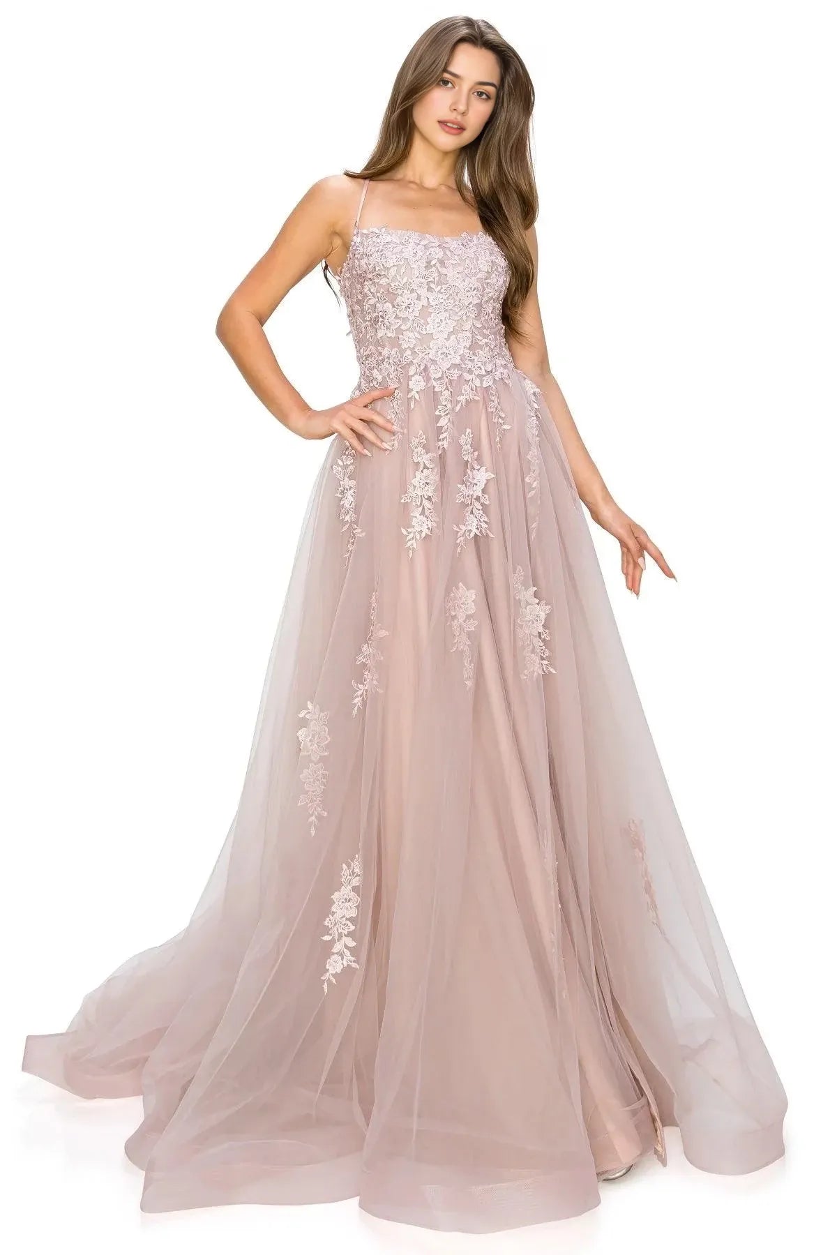 Romantic A-Line Sweetheart Spaghetti Strap Lace Up Back Train Floor Length Prom Dress