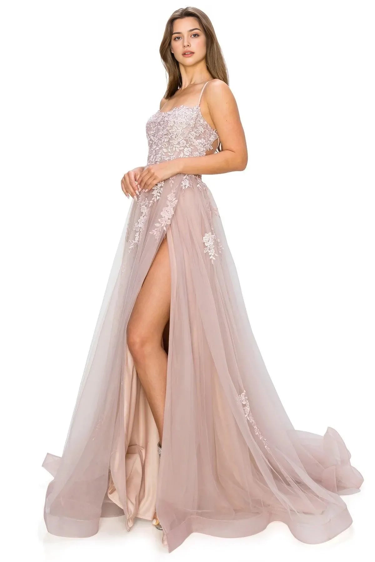 Romantic A-Line Sweetheart Spaghetti Strap Lace Up Back Train Floor Length Prom Dress