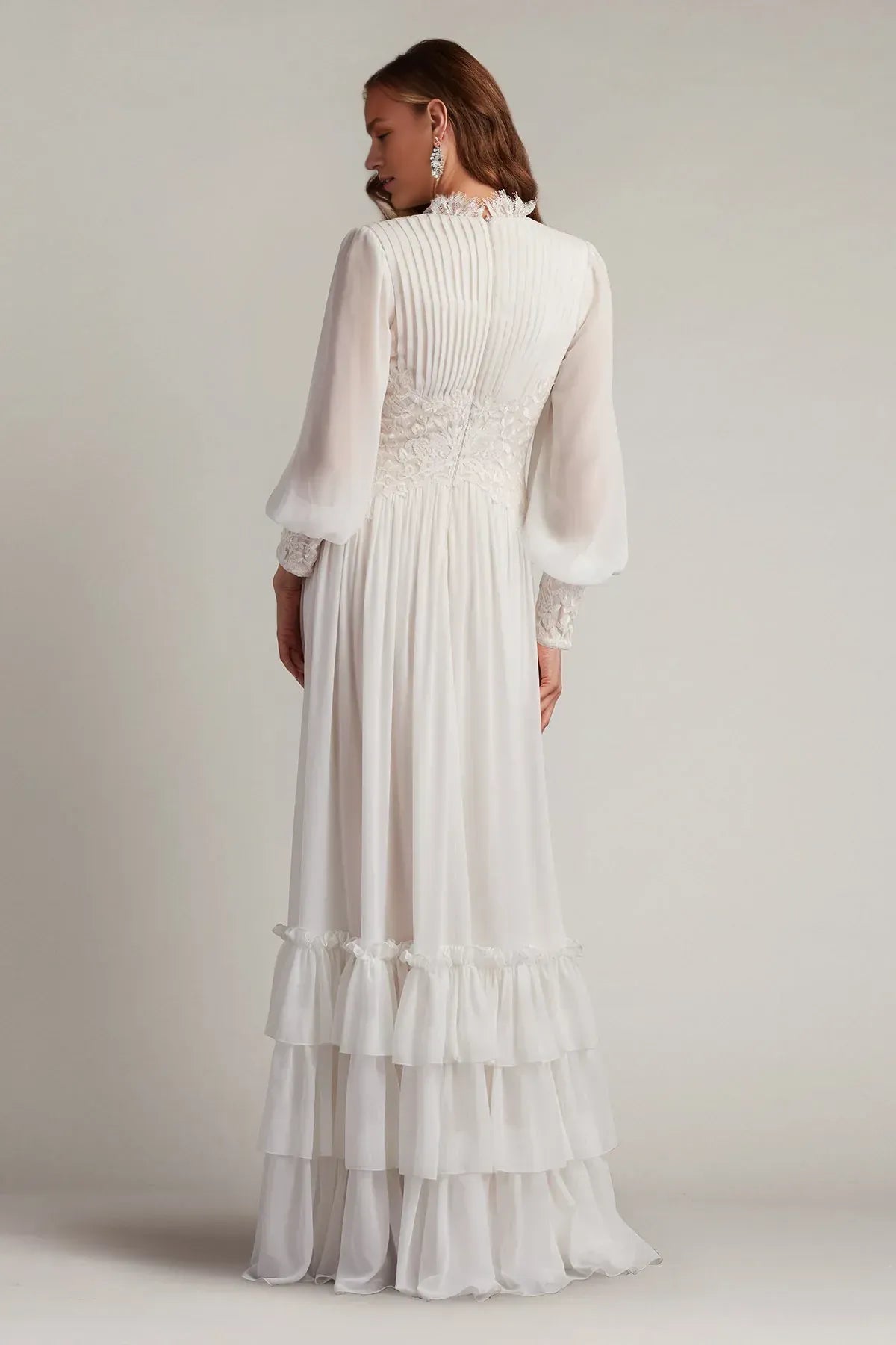 Romantic A-Line V-Neck Lace Long Sleeve Zipper Back Floor-Length Prom Dress