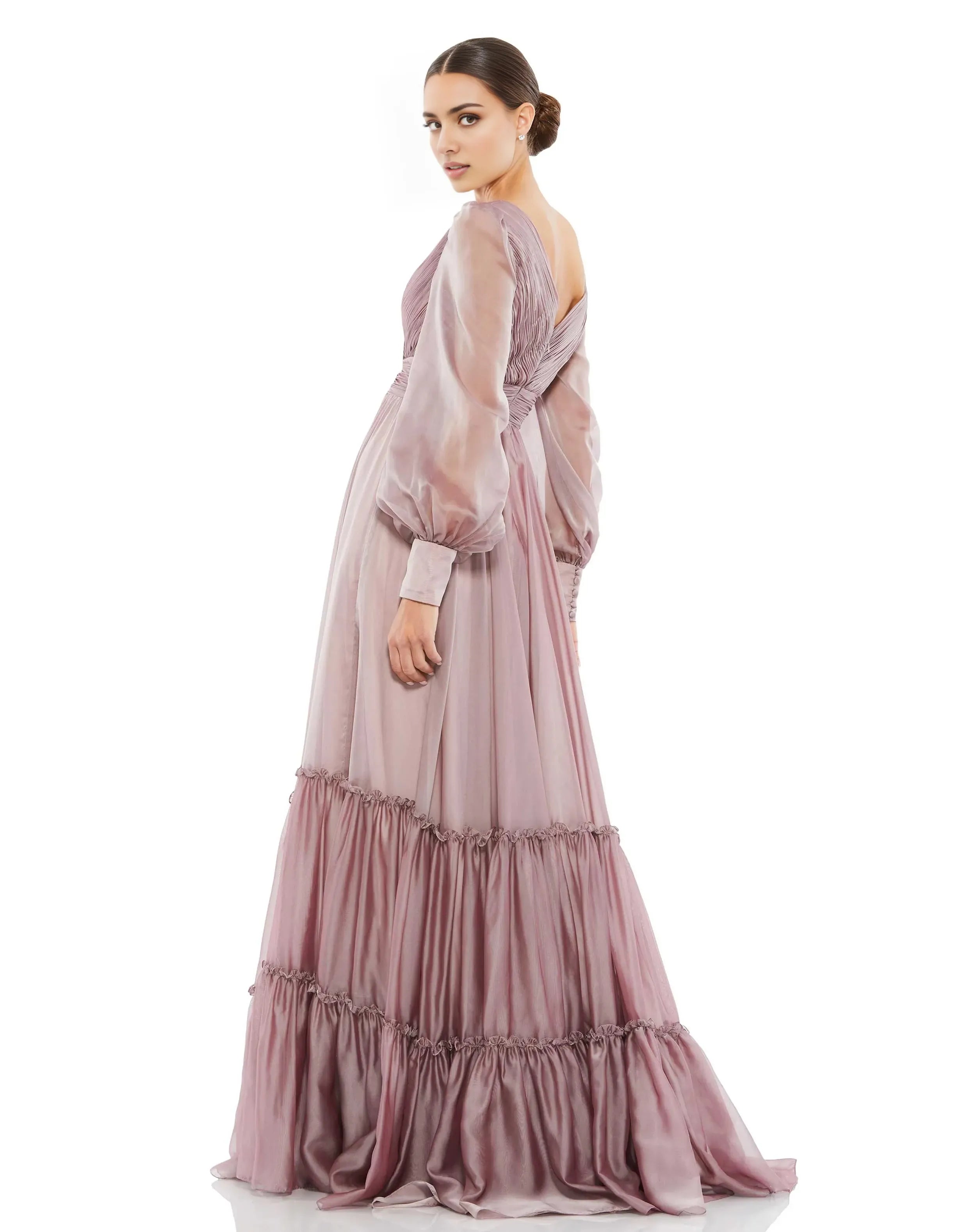 Romantic A-Line V Neck Long Sleeve Open Back Floor Length Prom Dress