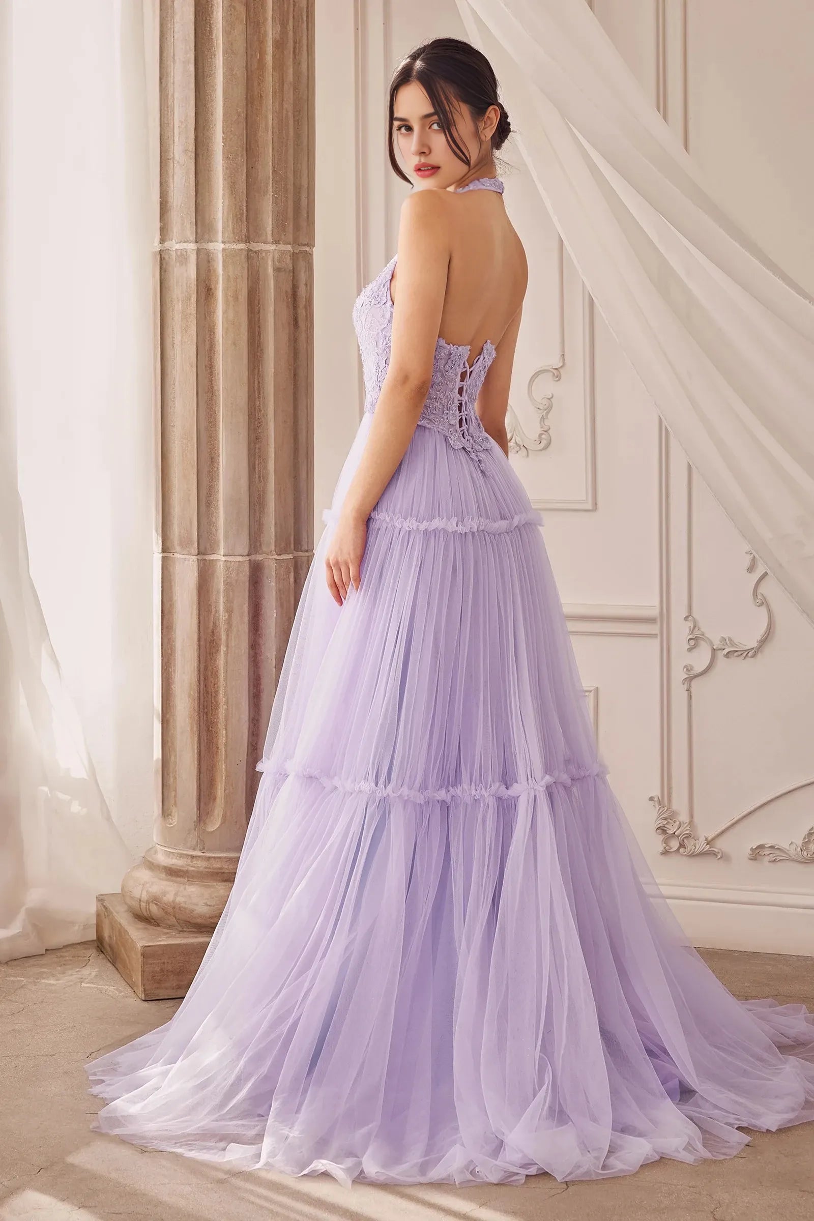 Romantic Ball-Gown Halter Sleeveless Lace-Up-Back Train-Floor-Length Prom Dress