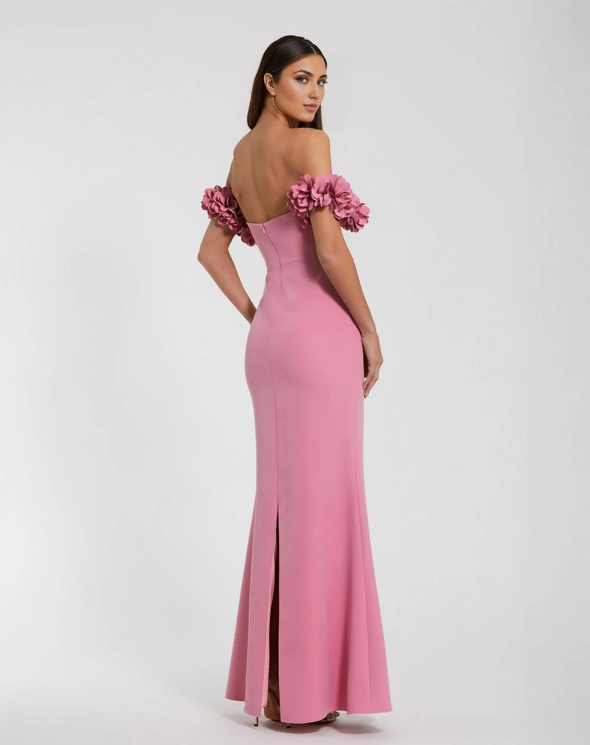 Romantic Mermaid Off Shoulder Floral Sleeve Open Back Floor Length Prom Dress