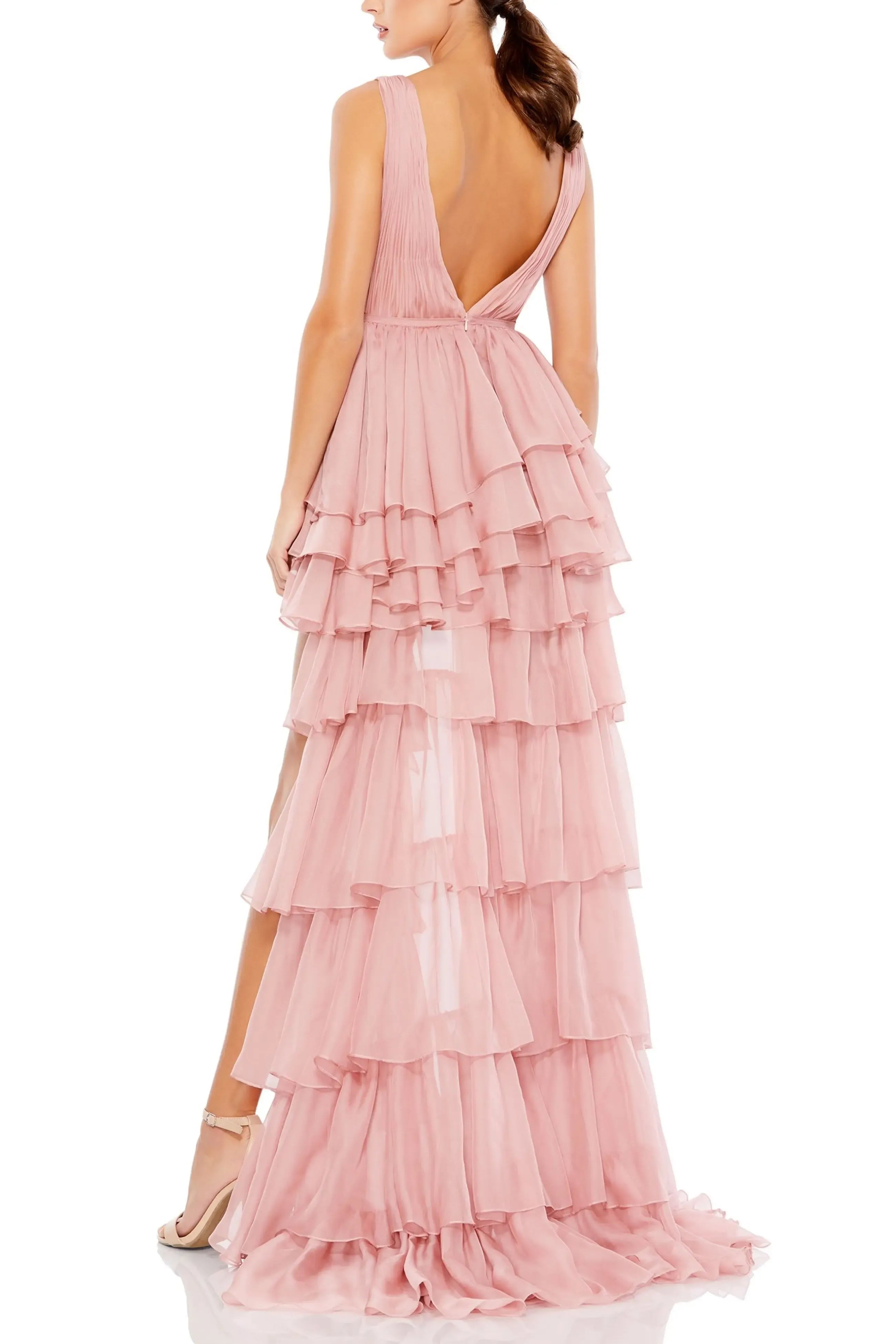 Romantic Ruffled High Low Deep V Sleeveless Plunging Back For Adults Prom Dress