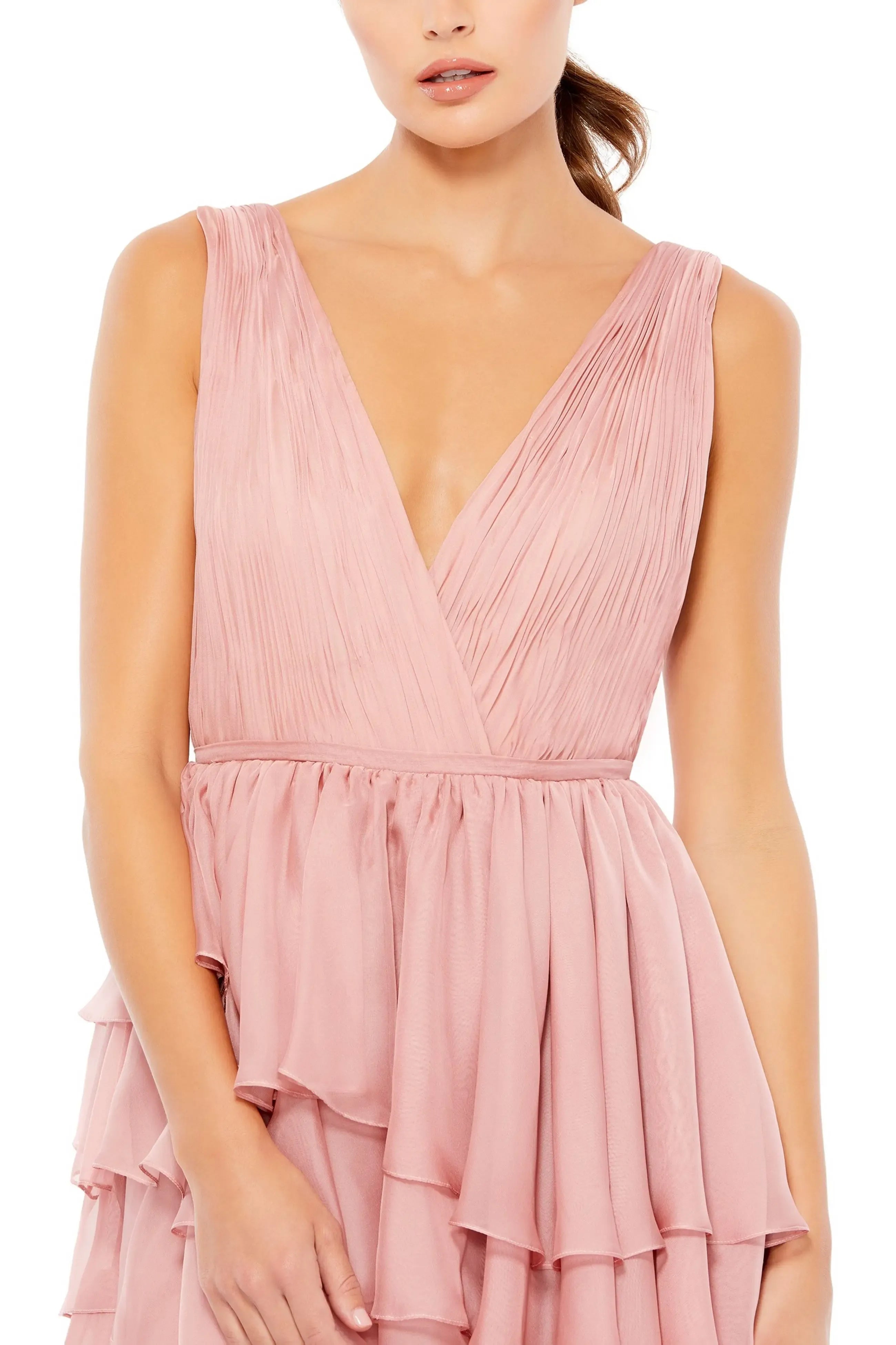 Romantic Ruffled High Low Deep V Sleeveless Plunging Back For Adults Prom Dress