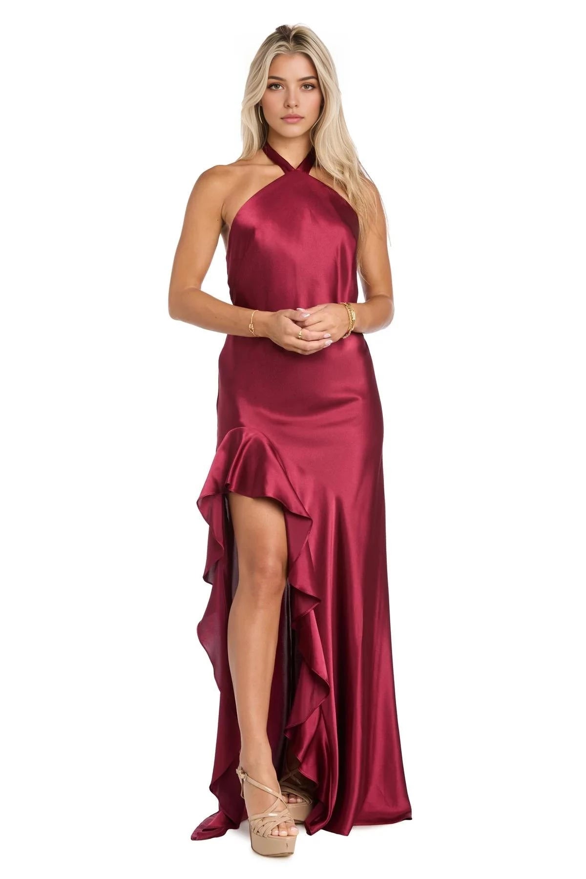 Romantic Sheath Halter Neck Sleeveless Tie Back High Low Prom Dress