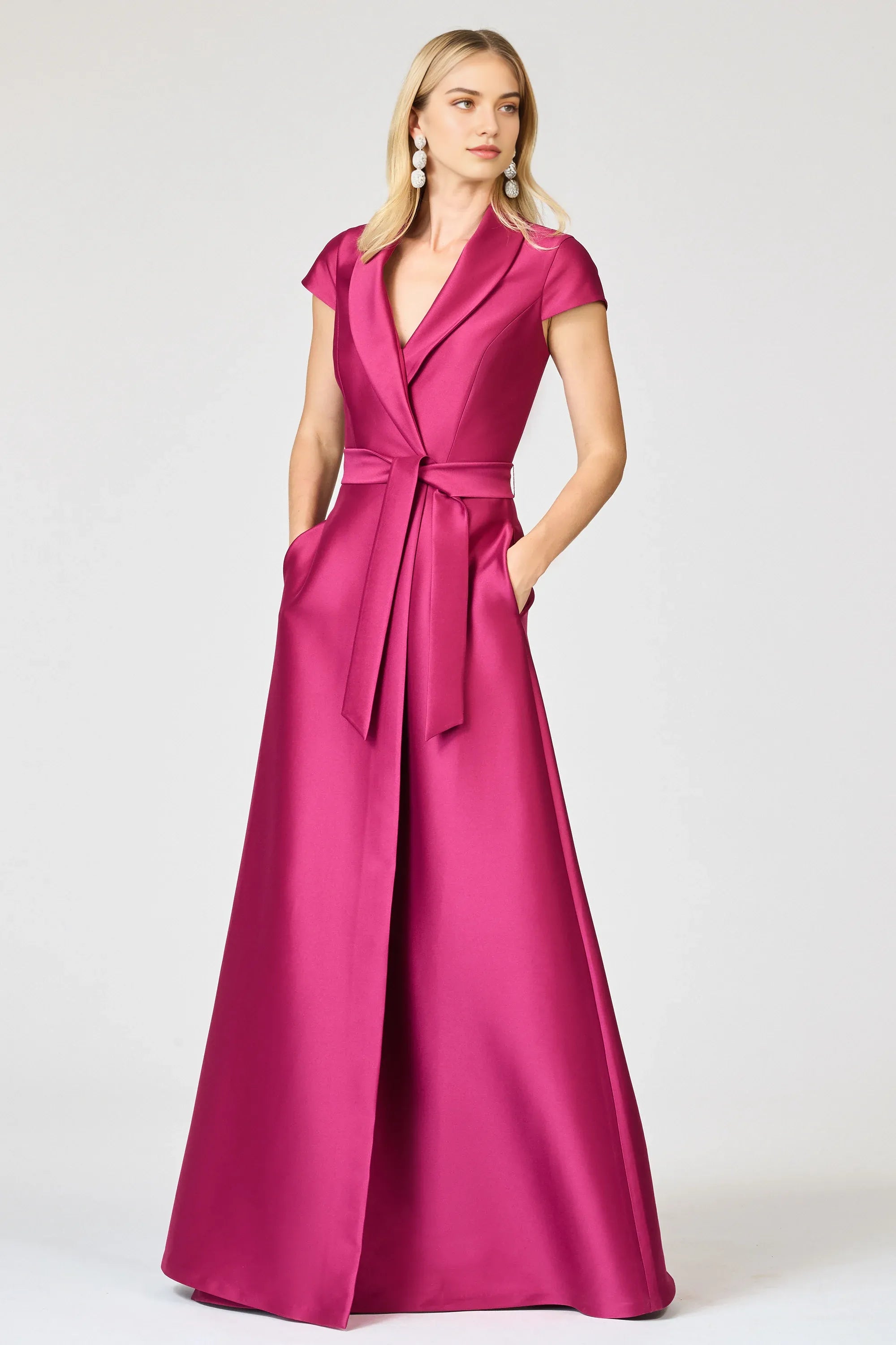 RomanticTie Waist A Line Notch Neck Short Sleeve Zipper Back Floor Length Evening Dress