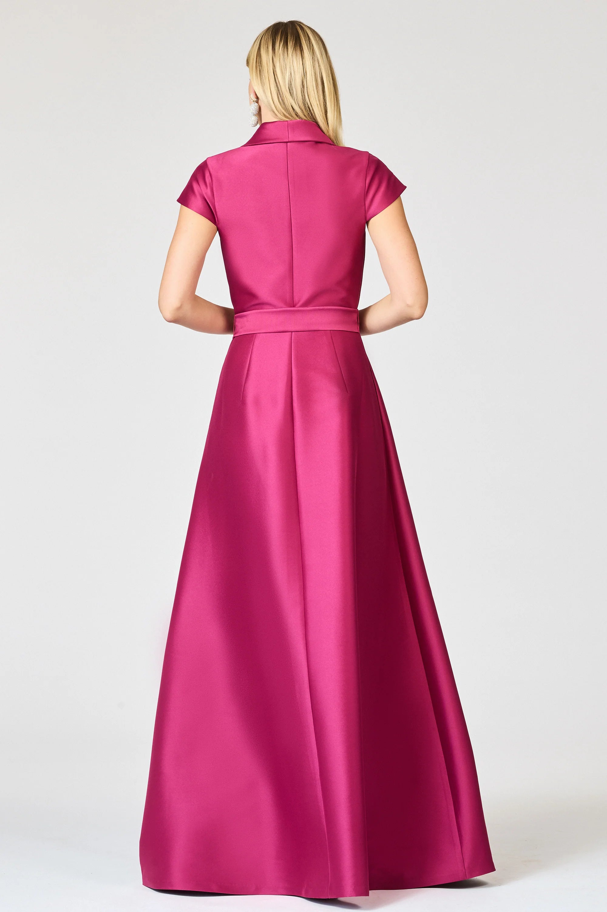 RomanticTie Waist A Line Notch Neck Short Sleeve Zipper Back Floor Length Evening Dress