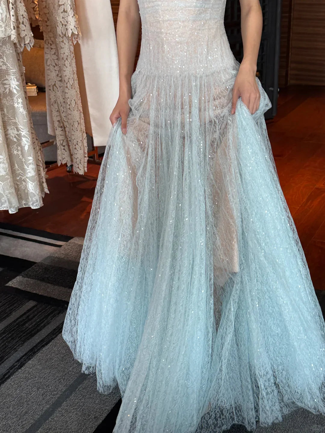 Romantic Blue A Line Strapless Sequin Tulle Long Prom Dress Gown Dress simple gentle atmospheric and unique desi Bring summer colors to enhance whiteness