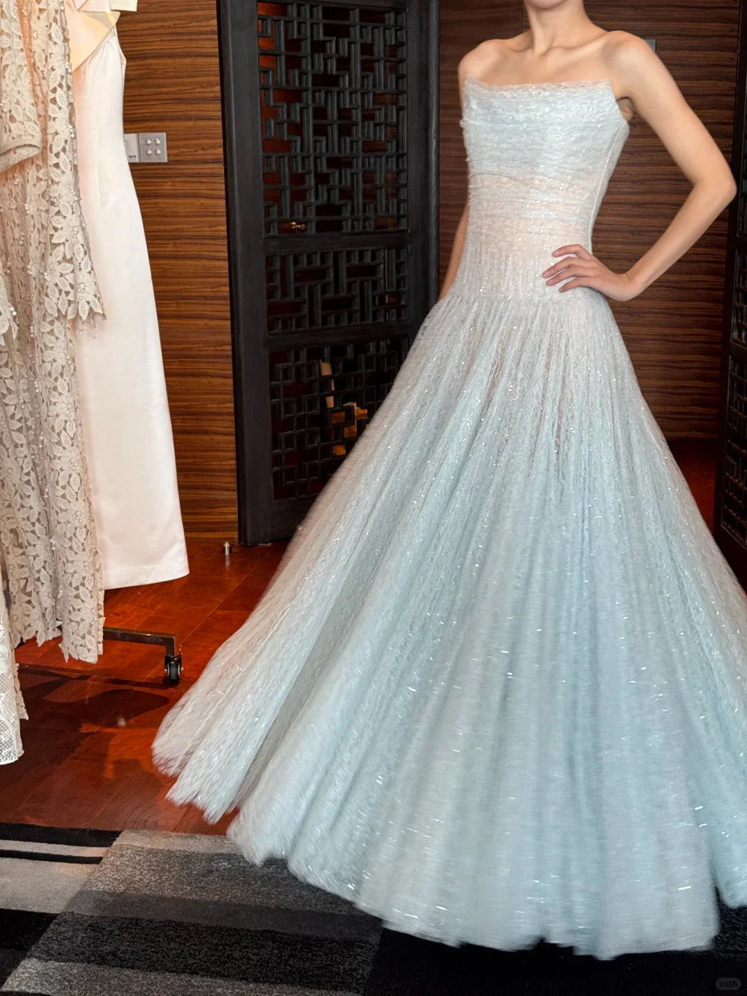 Romantic Blue A Line Strapless Sequin Tulle Long Prom Dress Gown Dress simple gentle atmospheric and unique desi Bring summer colors to enhance whiteness