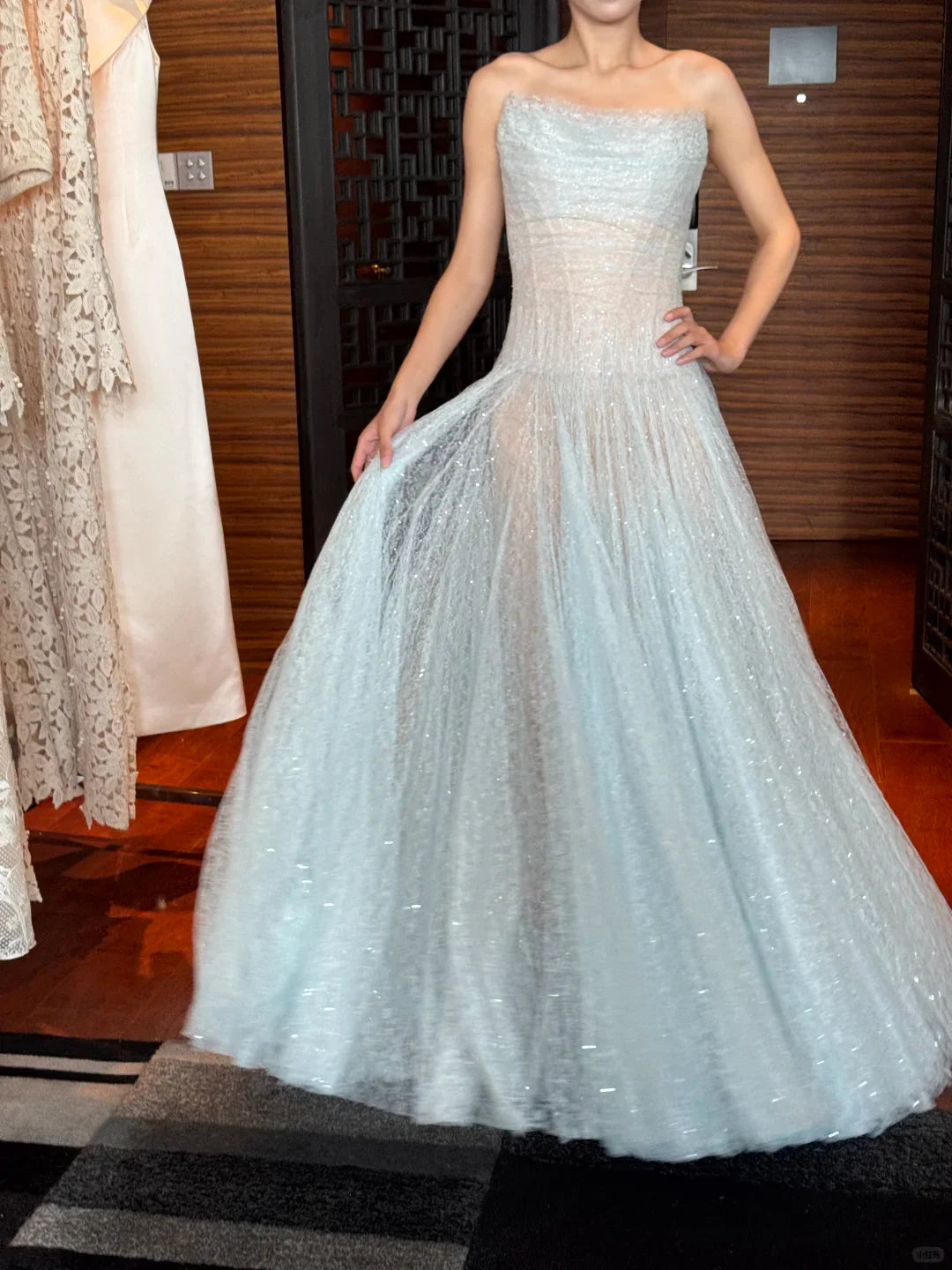 Romantic Blue A Line Strapless Sequin Tulle Long Prom Dress Gown Dress simple gentle atmospheric and unique desi Bring summer colors to enhance whiteness