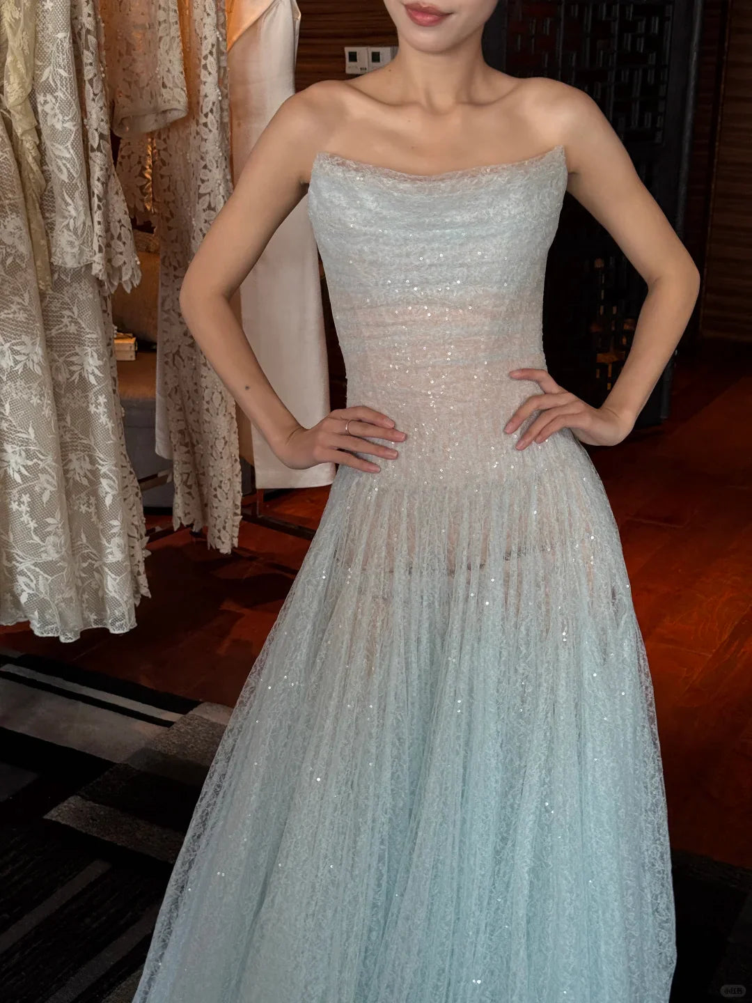 Romantic Blue A Line Strapless Sequin Tulle Long Prom Dress Gown Dress simple gentle atmospheric and unique desi Bring summer colors to enhance whiteness