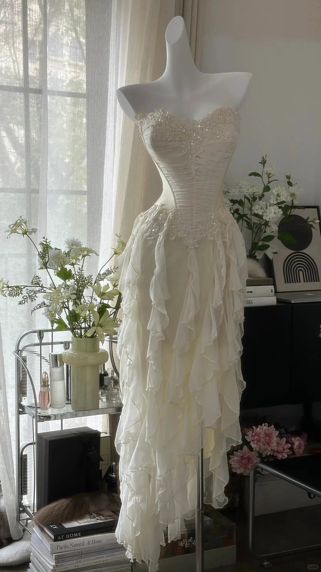 Romantic Elegant Exquisite Beaded Backless Long Chiffon Ruffle Homecoming Dress simple gentle atmospheric and unique desi Bring summer colors to enhance whiteness ﻿