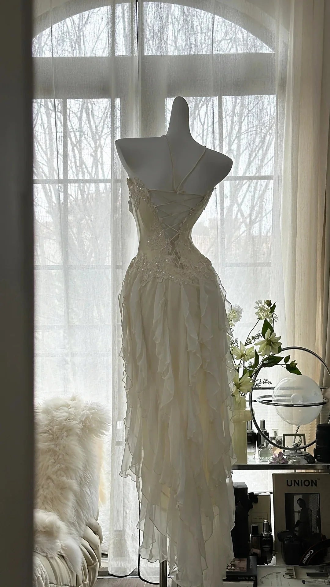 Romantic Elegant Exquisite Beaded Backless Long Chiffon Ruffle Homecoming Dress simple gentle atmospheric and unique desi Bring summer colors to enhance whiteness ﻿