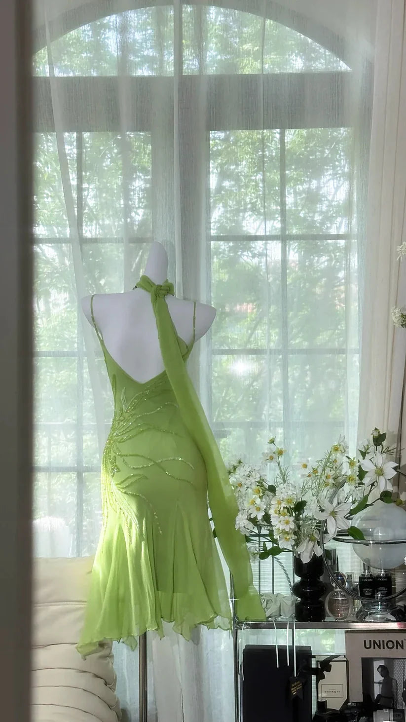 Romantic Green Exquisite Beaded Short Chiffon Homecoming Dress Evening Dress Birthday Party Dress simple gentle atmospheric and unique desi Bring summer colors to enhance whiteness