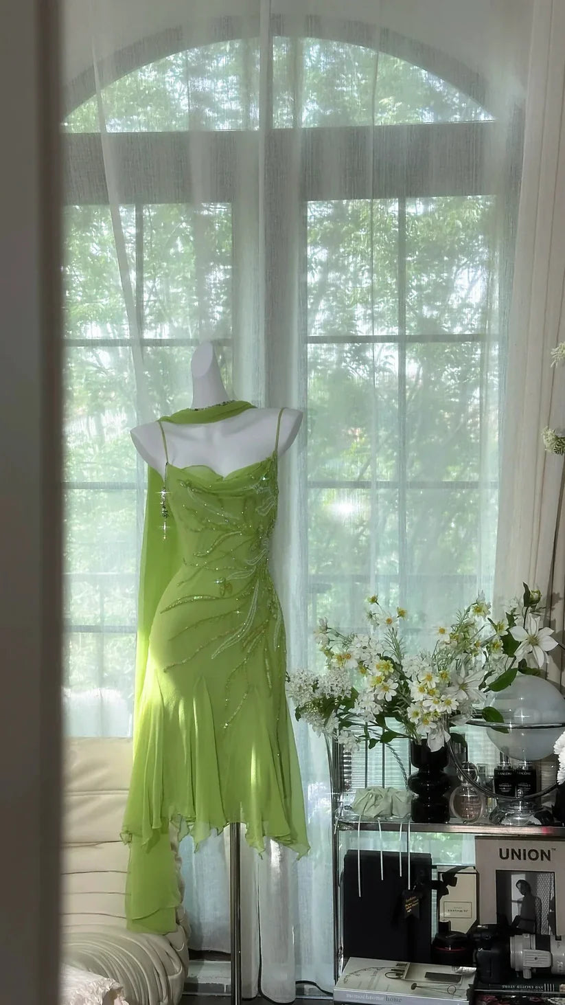 Romantic Green Exquisite Beaded Short Chiffon Homecoming Dress Evening Dress Birthday Party Dress simple gentle atmospheric and unique desi Bring summer colors to enhance whiteness