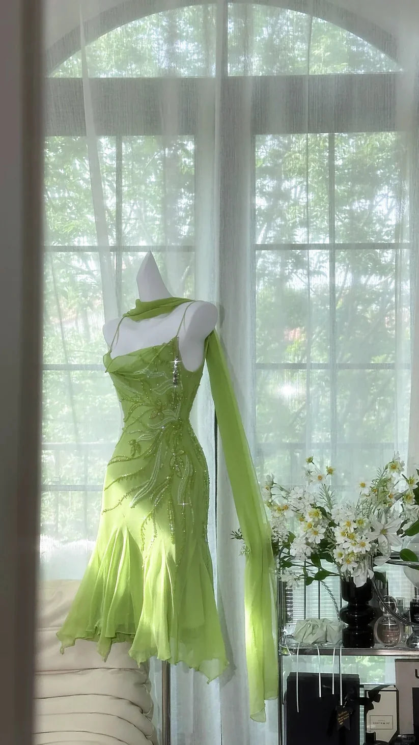 Romantic Green Exquisite Beaded Short Chiffon Homecoming Dress Evening Dress Birthday Party Dress simple gentle atmospheric and unique desi Bring summer colors to enhance whiteness
