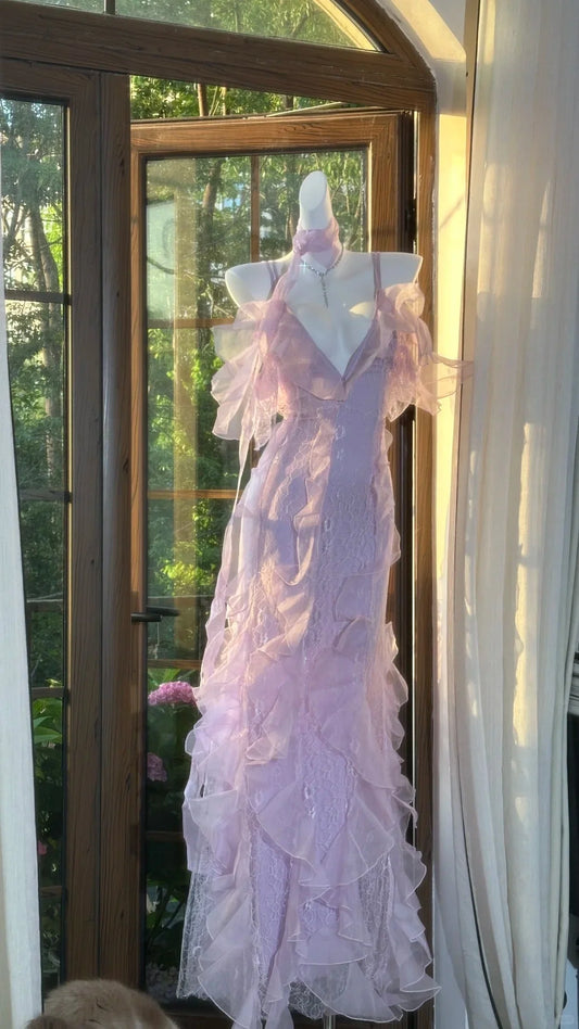 Romantic Lace Elegant Long Chiffon Ball Gown Evening Dress simple gentle atmospheric and unique desi Bring summer colors to enhance whiteness