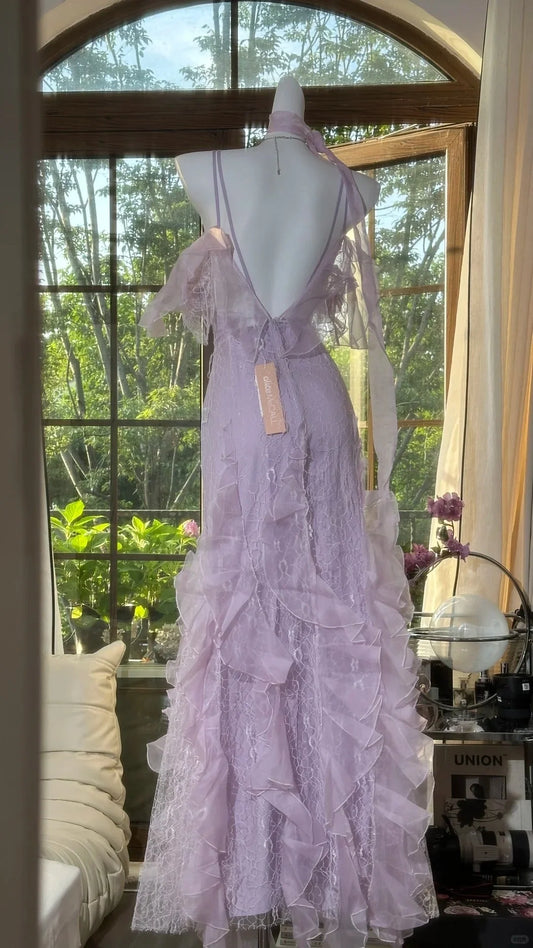 Romantic Lace Elegant Long Chiffon Ball Gown Evening Dress simple gentle atmospheric and unique desi Bring summer colors to enhance whiteness