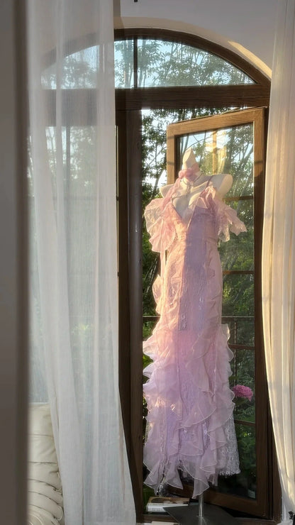 Romantic Lace Elegant Long Chiffon Ball Gown Evening Dress simple gentle atmospheric and unique desi Bring summer colors to enhance whiteness