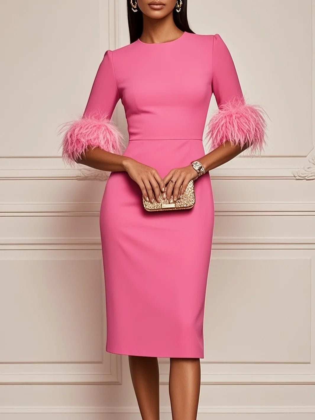 Rose Red Feather Classic Crew Neck Half Sleeve Sheath Dress simple gentle atmospheric and unique desi Bring summer colors to enhance whiteness