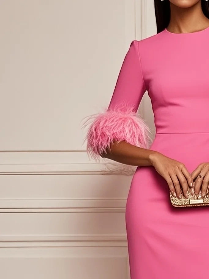 Rose Red Feather Classic Crew Neck Half Sleeve Sheath Dress simple gentle atmospheric and unique desi Bring summer colors to enhance whiteness