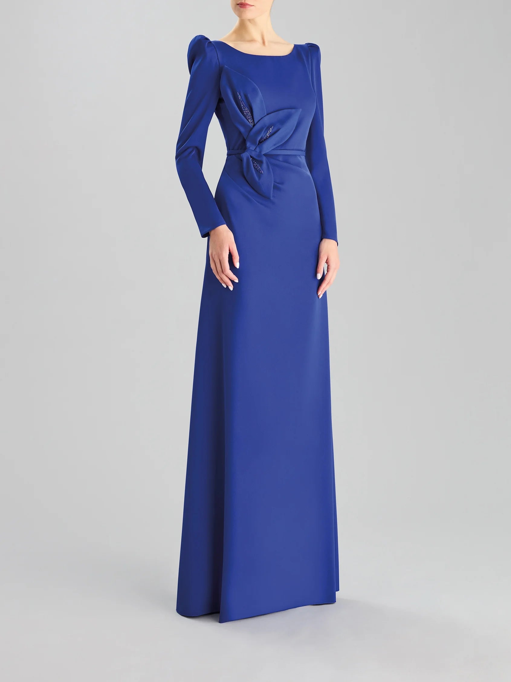Royal Blue Long Sleeve Maxi Dress with Floral Detail The price of this product does not include local sales tax rate by state Mother of the Bride Dresses