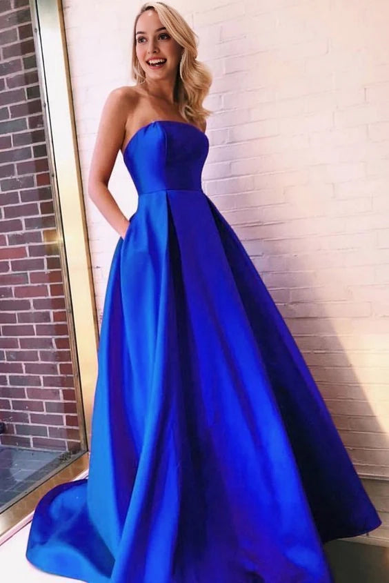 Royal Blue Strapless Satin Ball Gown with Pockets and Train Strapless Royal Blue A Line Prom Dress, Formal Evening Gown  Party Dresses