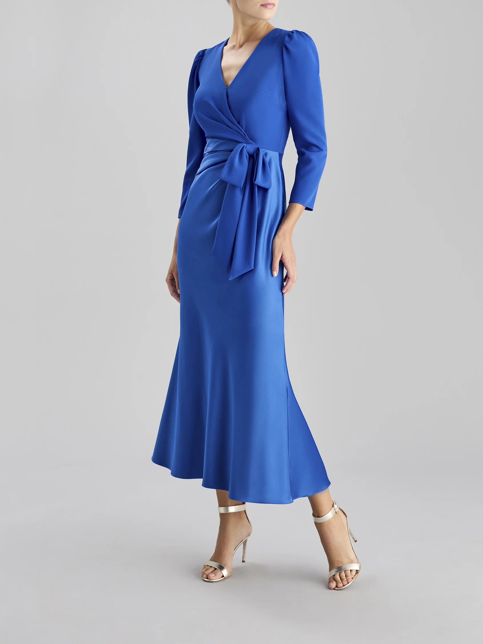 Royal Blue Wrap Midi Dress Tie Belt Occasion Dress A-line crepe party dress with V-neck and three-quarter sleeves Mother of the Bride Dresses