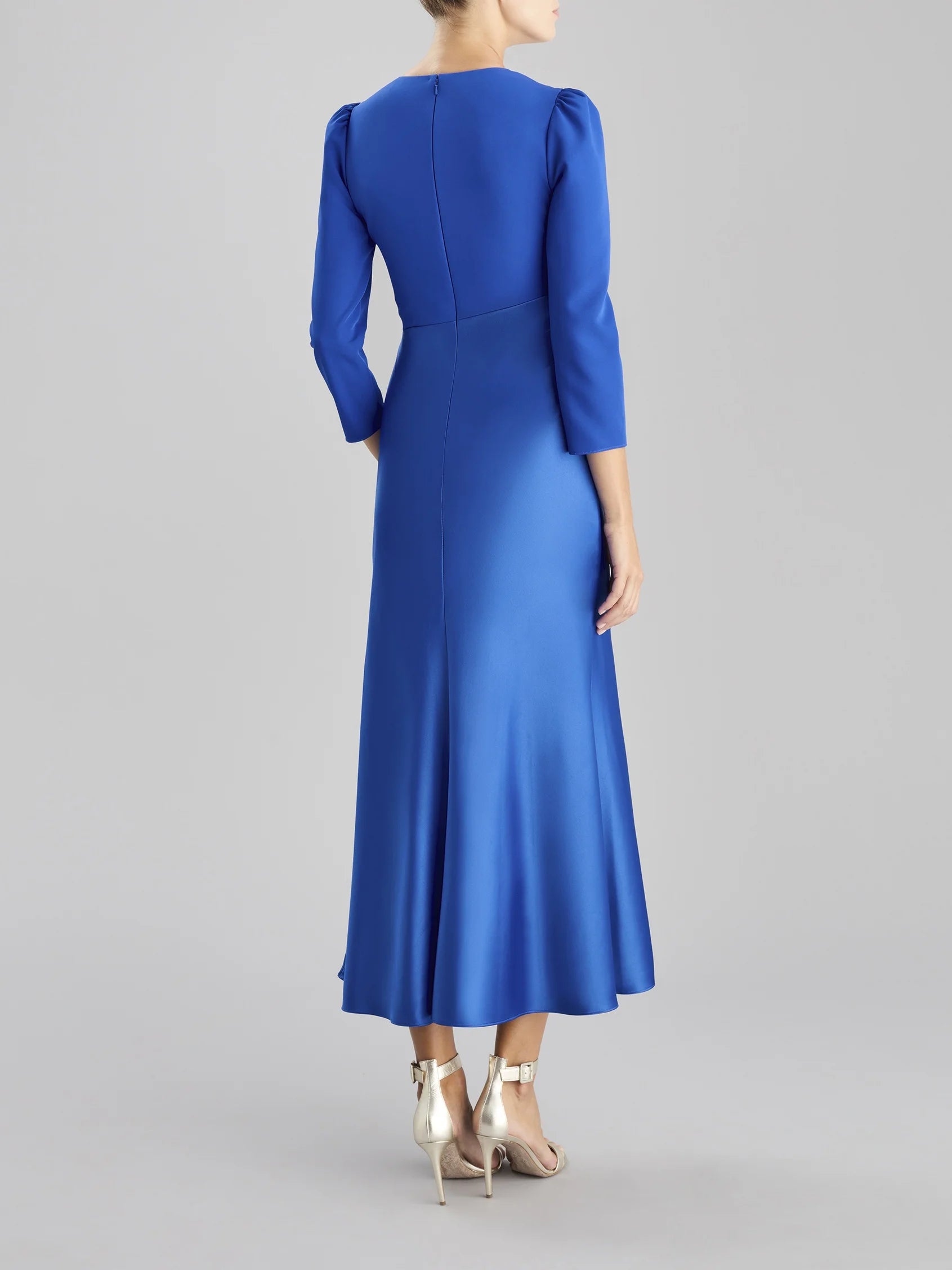 Royal Blue Wrap Midi Dress Tie Belt Occasion Dress A-line crepe party dress with V-neck and three-quarter sleeves Mother of the Bride Dresses