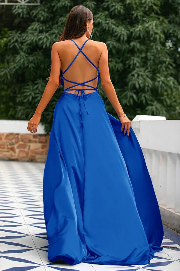 Royal Blue A-Line Spaghetti Straps Backless Long Satin Prom Dress with Slit simple gentle atmospheric and unique desi